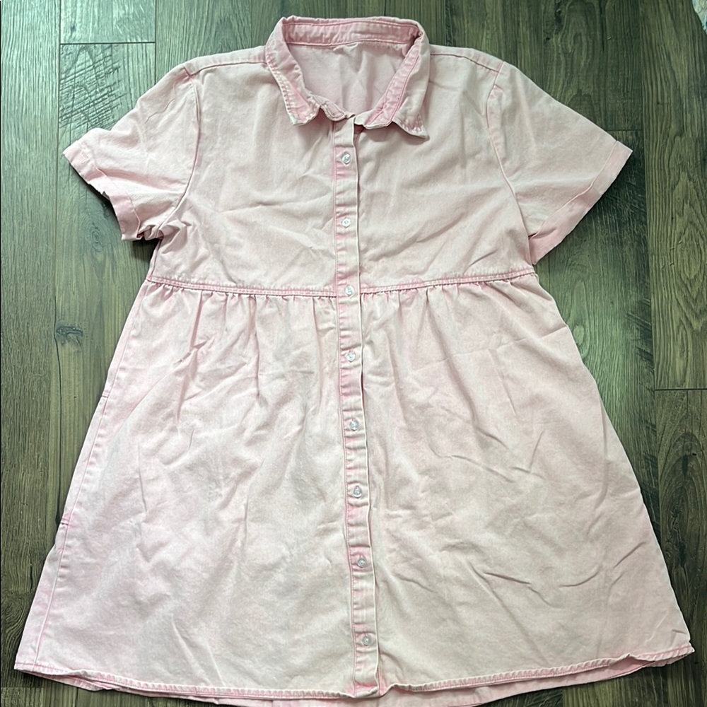 Pink Short Sleeve Button-Up Dress